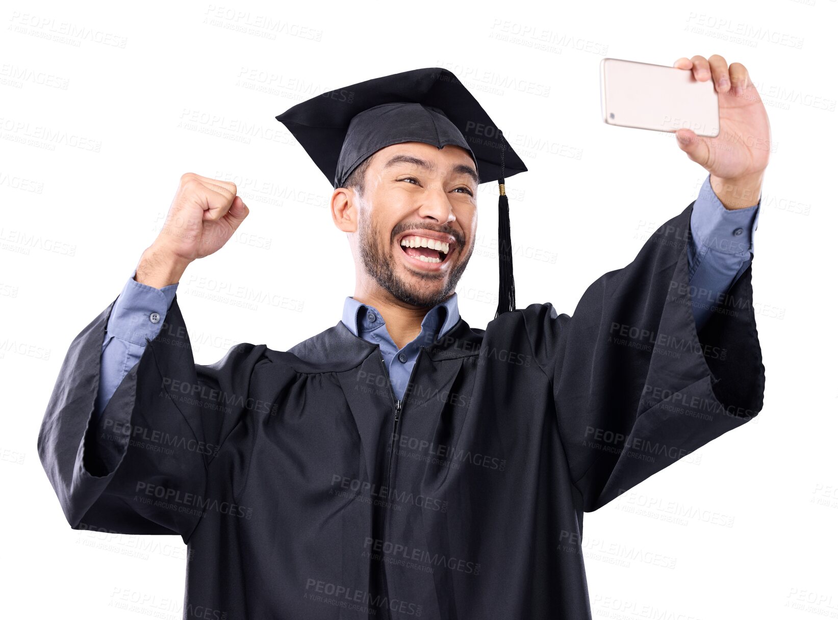 Buy stock photo Isolated graduate man, selfie and university event with smile, photography and transparent png background. Young college student, graduation and profile picture for post update on social network app