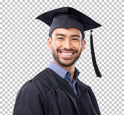 Smile, graduation and portrait of man in studio for education, c