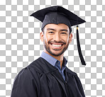 Smile, graduation and portrait of man in studio for education, c