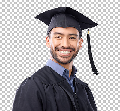 Buy stock photo Face, happy and graduation of Asian man isolated on a transparent png background. Smile, portrait of graduate and university student from Singapore with success in college, education and achievement.