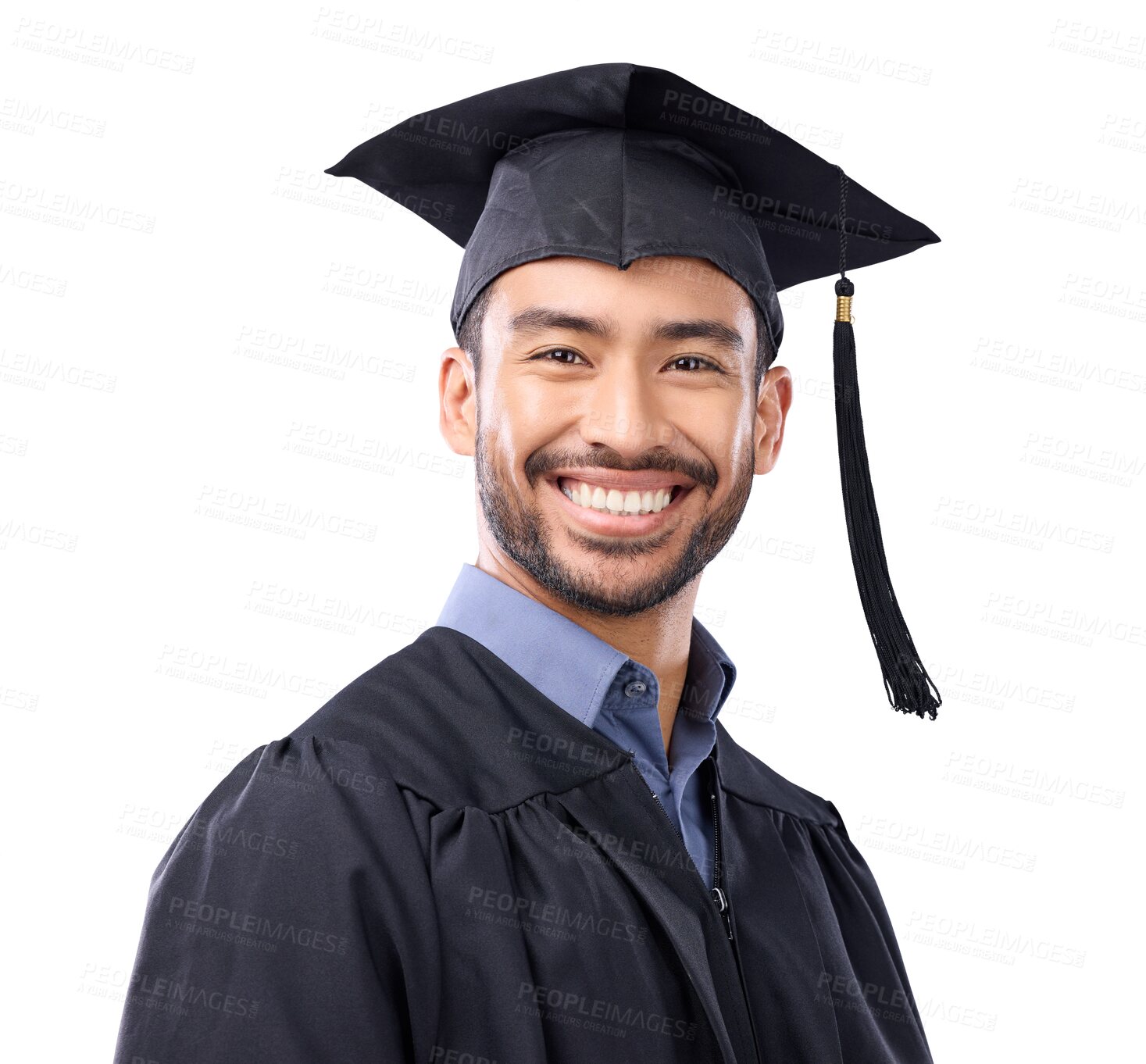 Buy stock photo Face, happy and graduation of Asian man isolated on a transparent png background. Smile, portrait of graduate and university student from Singapore with success in college, education and achievement.