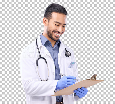 Buy stock photo Doctor, clipboard and man with checklist and health insurance paperwork isolated on transparent png background. Male physician writing, medical policy documents and smile, healthcare and service