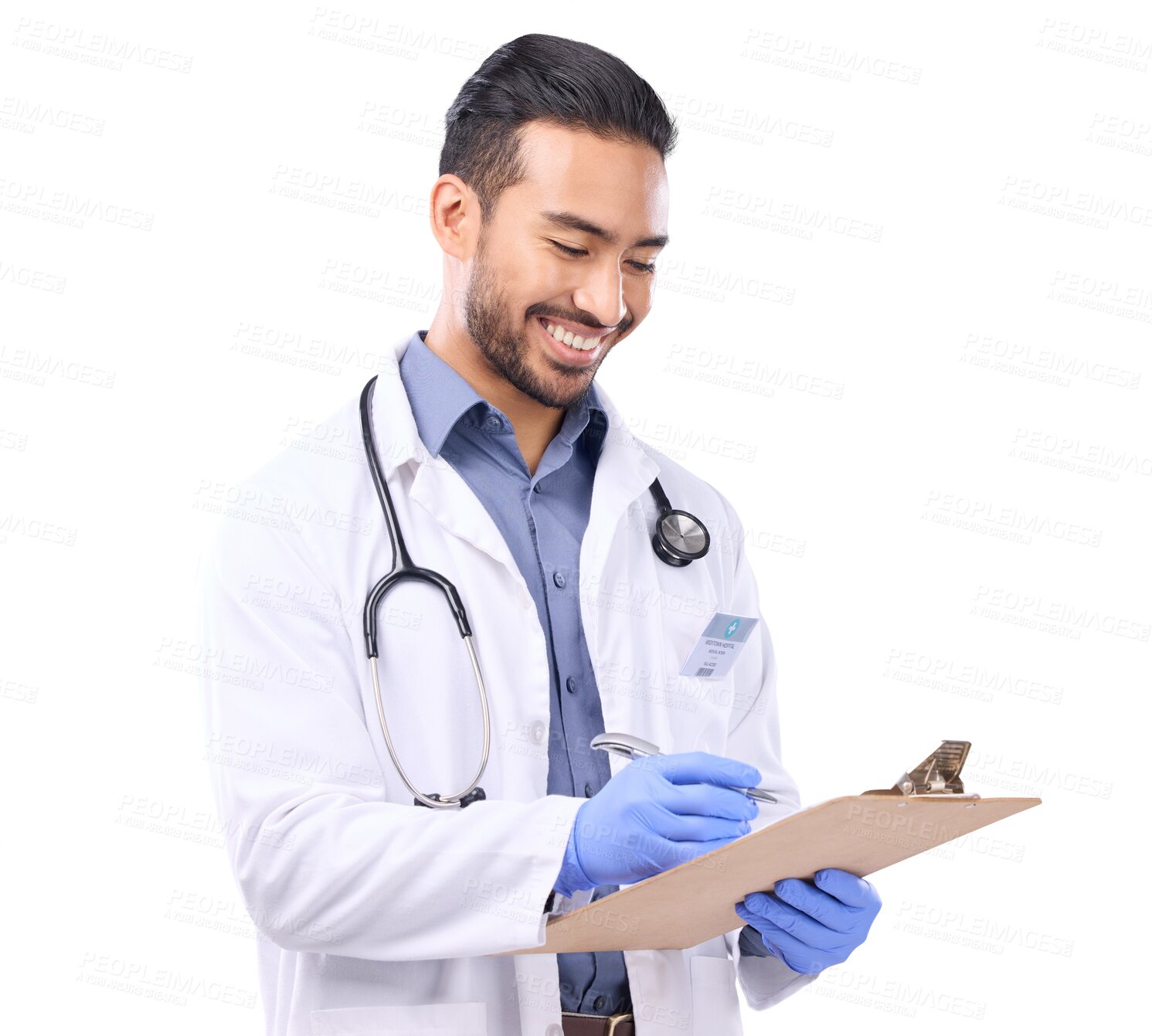 Buy stock photo Doctor, clipboard and man with checklist and health insurance paperwork isolated on transparent png background. Male physician writing, medical policy documents and smile, healthcare and service