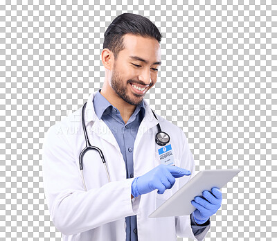 Buy stock photo Doctor, online tablet and happy man for healthcare research, typing and paperless telehealth service. Happy medical person or surgeon check digital technology isolated on transparent png background 