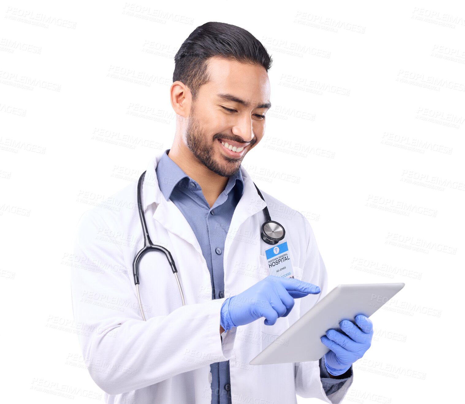 Buy stock photo Doctor, online tablet and happy man for healthcare research, typing and paperless telehealth service. Happy medical person or surgeon check digital technology isolated on transparent png background 