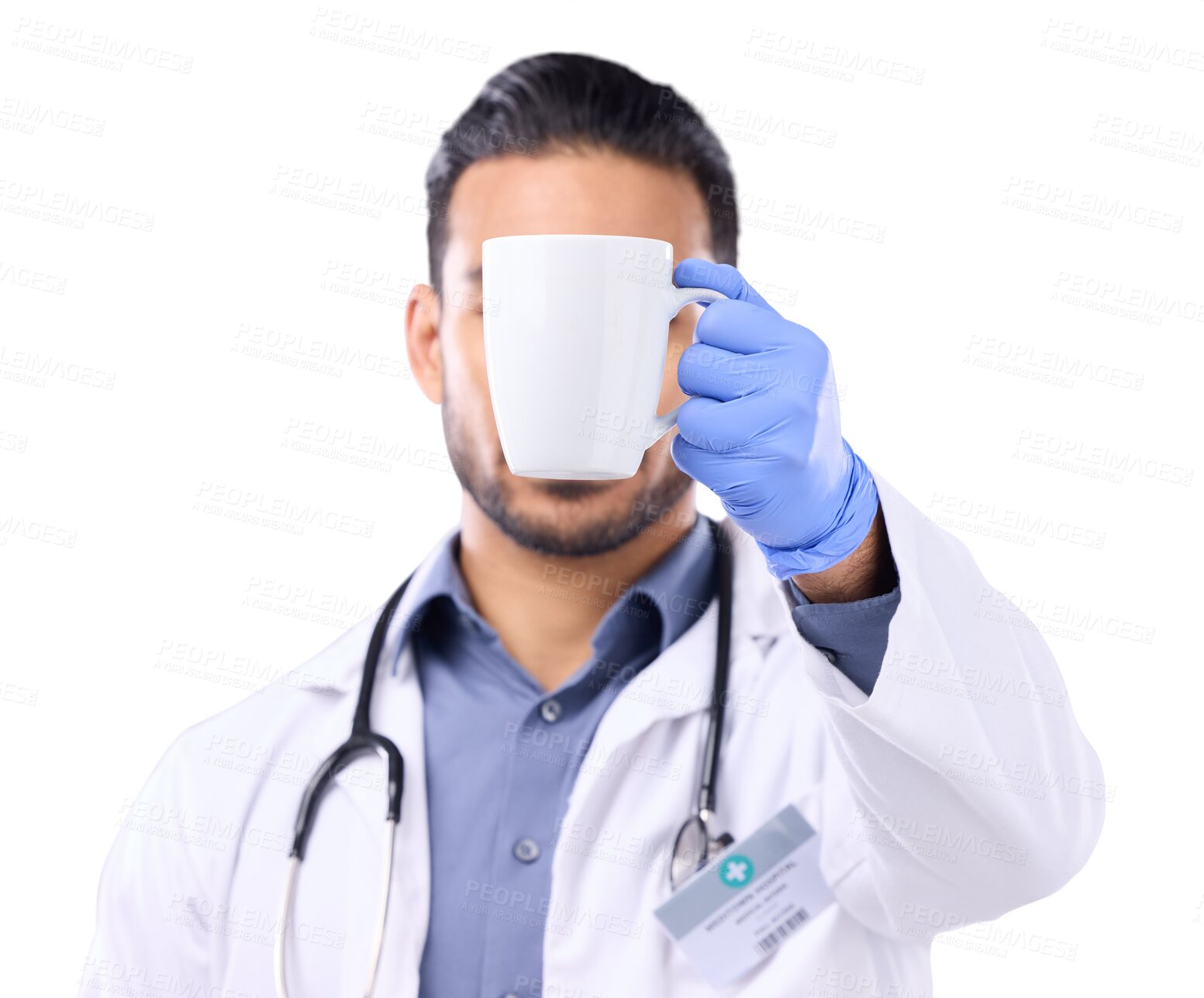 Buy stock photo Hand, coffee and cup with a doctor man isolated on a transparent background for a healthcare break. Medical, mug and gloves with a male medicine professional on PNG holding a caffeine beverage