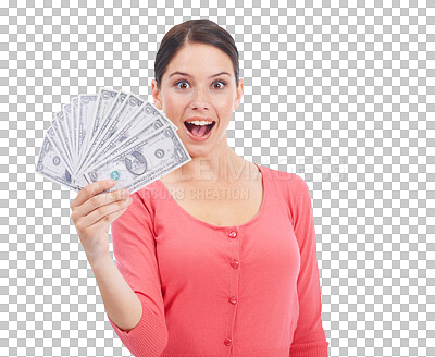 Buy stock photo Wow, cash and portrait of woman with money from investment, success and profit on savings or transparent, isolated or png background. Girl, dollar and customer with bonus, prize or lottery winner
