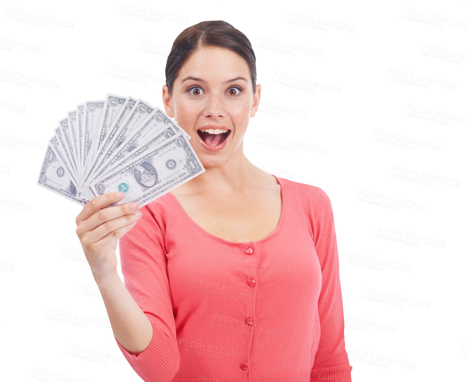 Buy stock photo Wow, cash and portrait of woman with money from investment, success and profit on savings or transparent, isolated or png background. Girl, dollar and customer with bonus, prize or lottery winner
