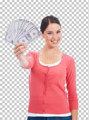 Buy stock photo Cash, money and dollars portrait of woman for investment growth, savings and finance. Winner, paper fan and female person with lotto prize, profit or giveaway isolated on transparent, png background