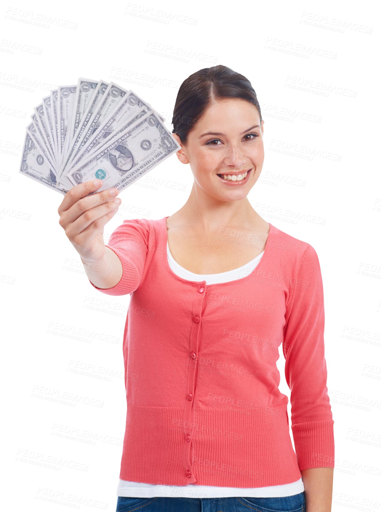 Buy stock photo Cash, money and dollars portrait of woman for investment growth, savings and finance. Winner, paper fan and female person with lotto prize, profit or giveaway isolated on transparent, png background