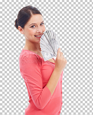 Buy stock photo Dollars, money and a woman with cash prize as investment growth, savings and finance. Winner, paper bill and female person portrait with profit or giveaway isolated on transparent, png background