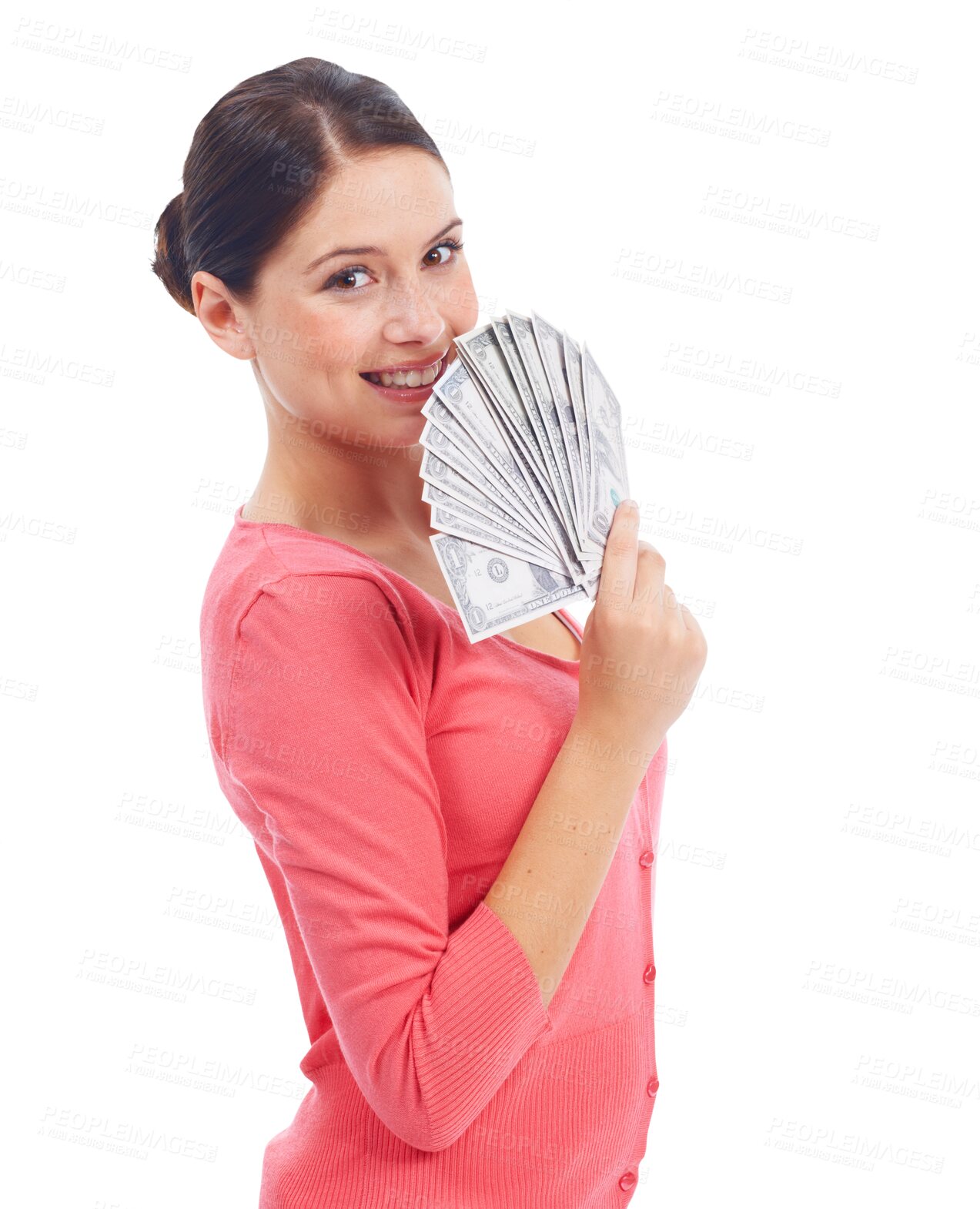 Buy stock photo Dollars, money and a woman with cash prize as investment growth, savings and finance. Winner, paper bill and female person portrait with profit or giveaway isolated on transparent, png background