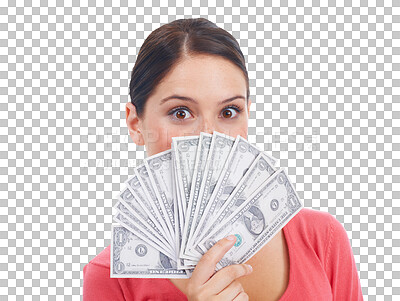 Buy stock photo Portrait, winner and woman with money for covering face in png or isolated and transparent background. Rich female and lottery win and cash on excited face for success, investment, savings and omg.