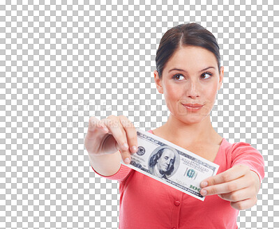 Buy stock photo Woman, money and thinking of idea for cash investment, giveaway or finance. Winner, dollar and female person with paper bill, budget or savings profit isolated on transparent, png background