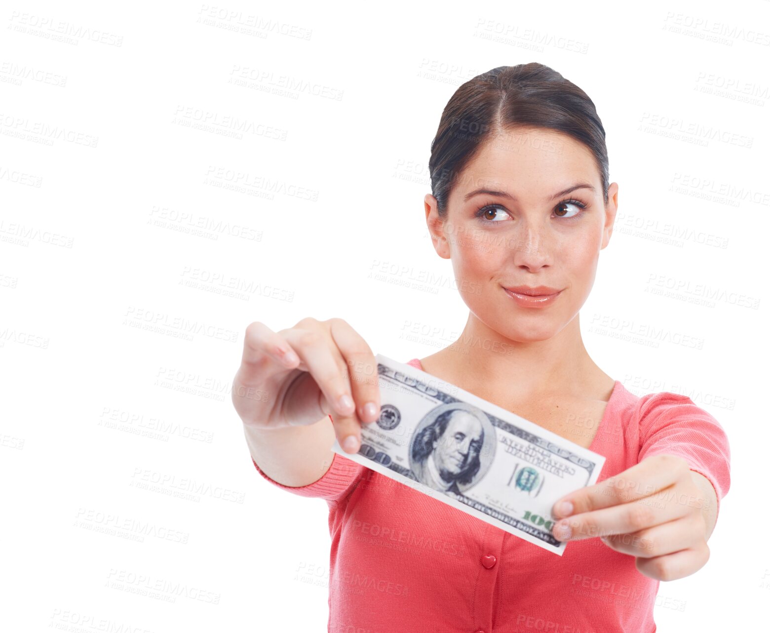 Buy stock photo Woman, money and thinking of idea for cash investment, giveaway or finance. Winner, dollar and female person with paper bill, budget or savings profit isolated on transparent, png background