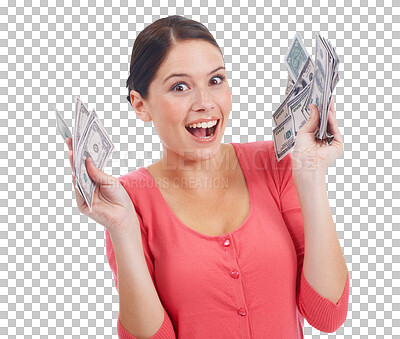 Buy stock photo Cash, money and a woman excited for win, investment growth and finance. Winner, dollars and happy female person portrait with lotto prize, profit or giveaway isolated on transparent, png background