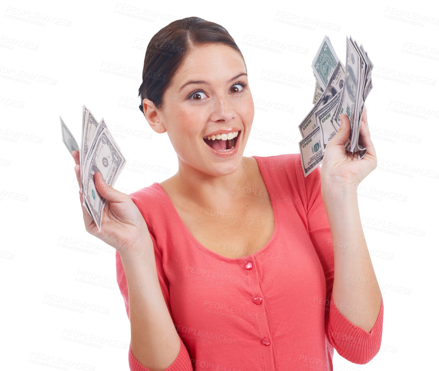 Buy stock photo Cash, money and a woman excited for win, investment growth and finance. Winner, dollars and happy female person portrait with lotto prize, profit or giveaway isolated on transparent, png background