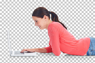 Buy stock photo Laptop, smile and education with a woman student lying on the floor isolated on a transparent background. Computer, internet and research with a happy young female university pupil studying on PNG