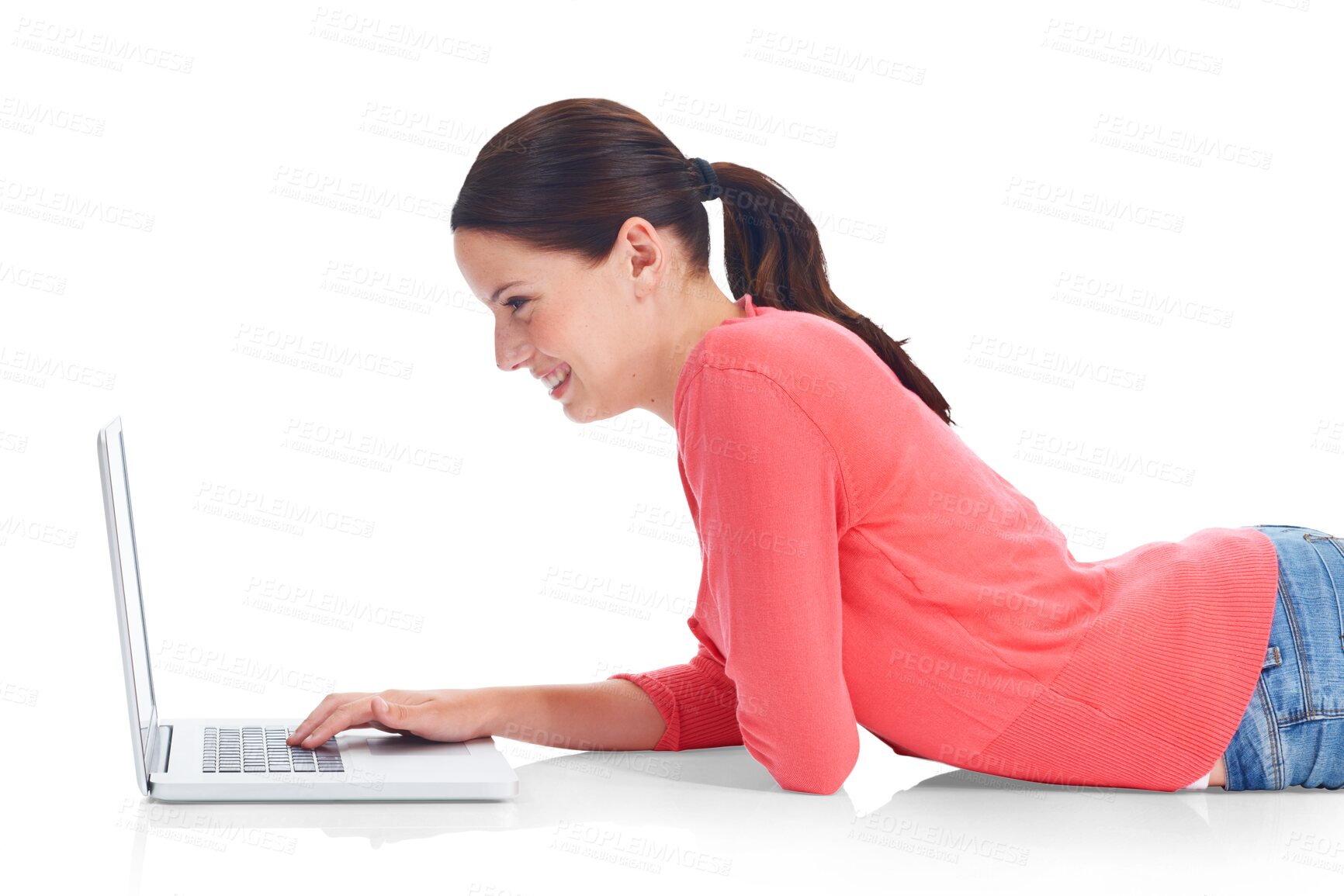 Buy stock photo Laptop, smile and education with a woman student lying on the floor isolated on a transparent background. Computer, internet and research with a happy young female university pupil studying on PNG