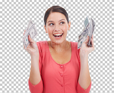 Buy stock photo Cash, money and thinking of idea with a woman for investment, savings or finance. Winner, dollar and female person with lotto prize, profit or giveaway plan isolated on transparent, png background