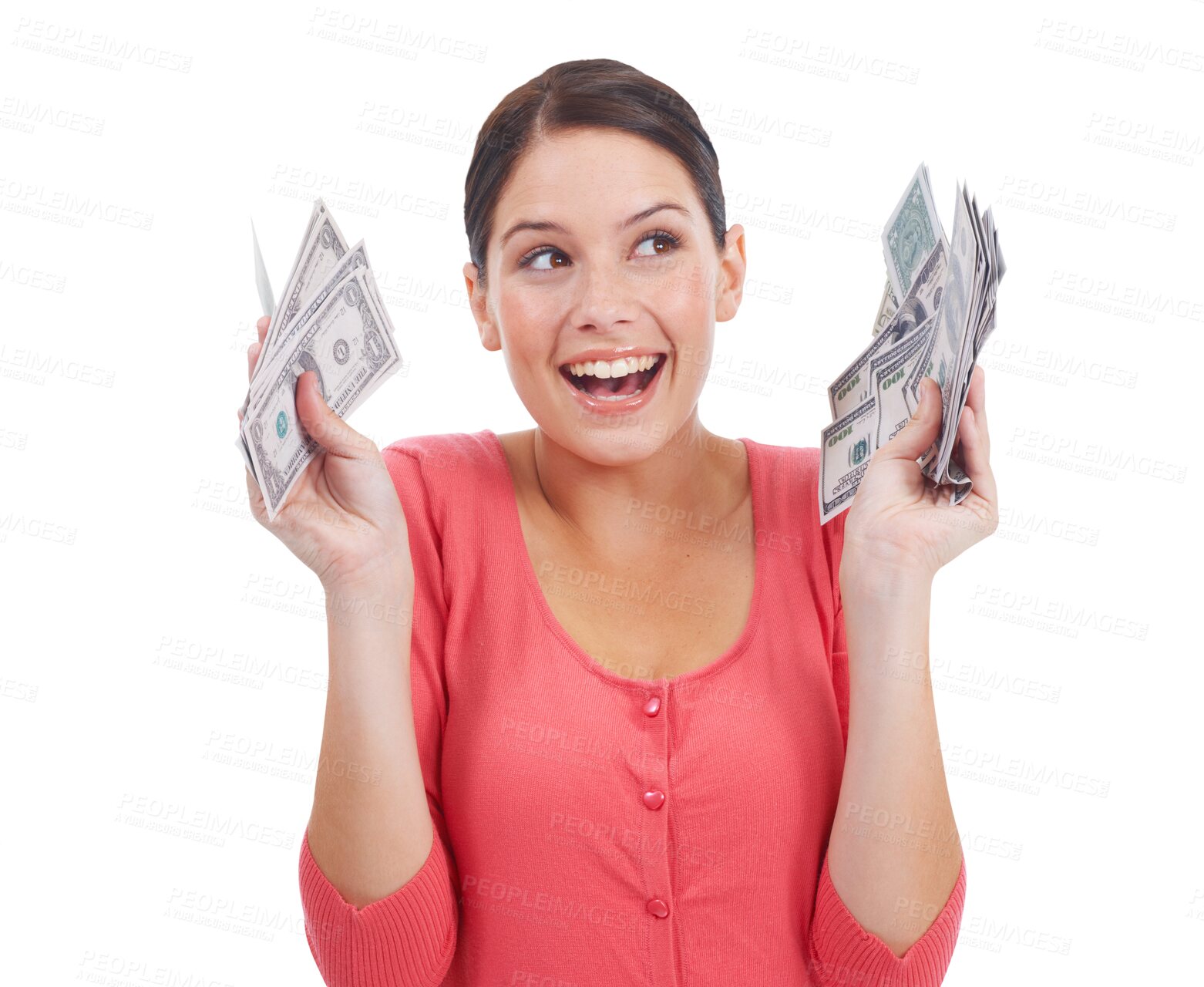 Buy stock photo Cash, money and thinking of idea with a woman for investment, savings or finance. Winner, dollar and female person with lotto prize, profit or giveaway plan isolated on transparent, png background