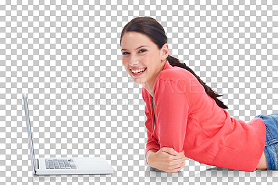 Buy stock photo Laptop, smile and portrait with a woman student lying on the floor isolated on a transparent background. Computer, education and research with a happy young female university pupil learning on PNG