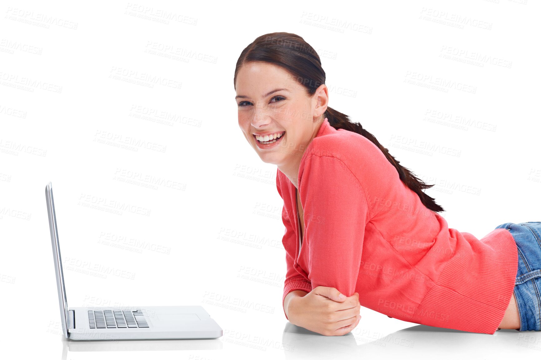 Buy stock photo Laptop, smile and portrait with a woman student lying on the floor isolated on a transparent background. Computer, education and research with a happy young female university pupil learning on PNG