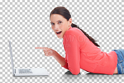 Buy stock photo Laptop, pointing and wow with a woman student lying on the floor isolated on a transparent background. Computer, internet and surprise with a happy young female university pupil studying on PNG