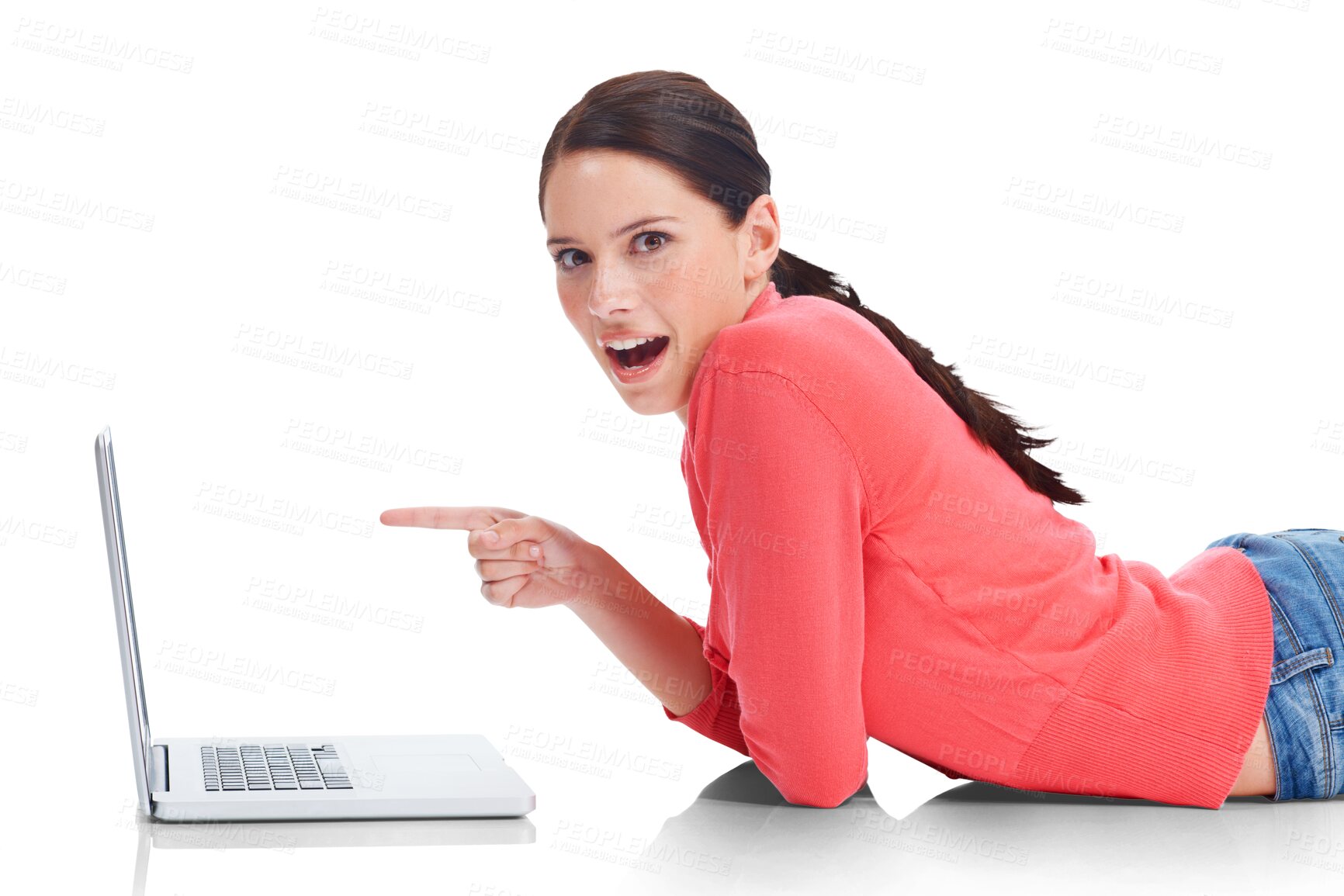 Buy stock photo Laptop, pointing and wow with a woman student lying on the floor isolated on a transparent background. Computer, internet and surprise with a happy young female university pupil studying on PNG