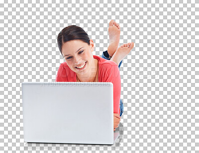 Buy stock photo Laptop, happy and education with a woman student lying on the floor isolated on a transparent background. Computer, internet and smile with a young female university pupil studying research on PNG