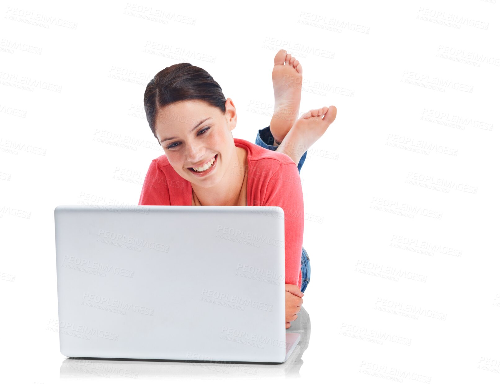 Buy stock photo Laptop, happy and education with a woman student lying on the floor isolated on a transparent background. Computer, internet and smile with a young female university pupil studying research on PNG