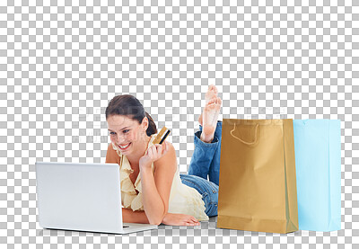 Buy stock photo Laptop, credit card and shopping bag, woman and ecommerce with smile isolated on transparent png background. Finance, account and online payment, female customer with internet banking and fintech