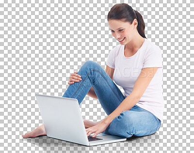 Buy stock photo Laptop, typing and woman reading on internet, website or web search for colege, university or project on transparent, isolated or png background. Student, girl and computer for research or learning