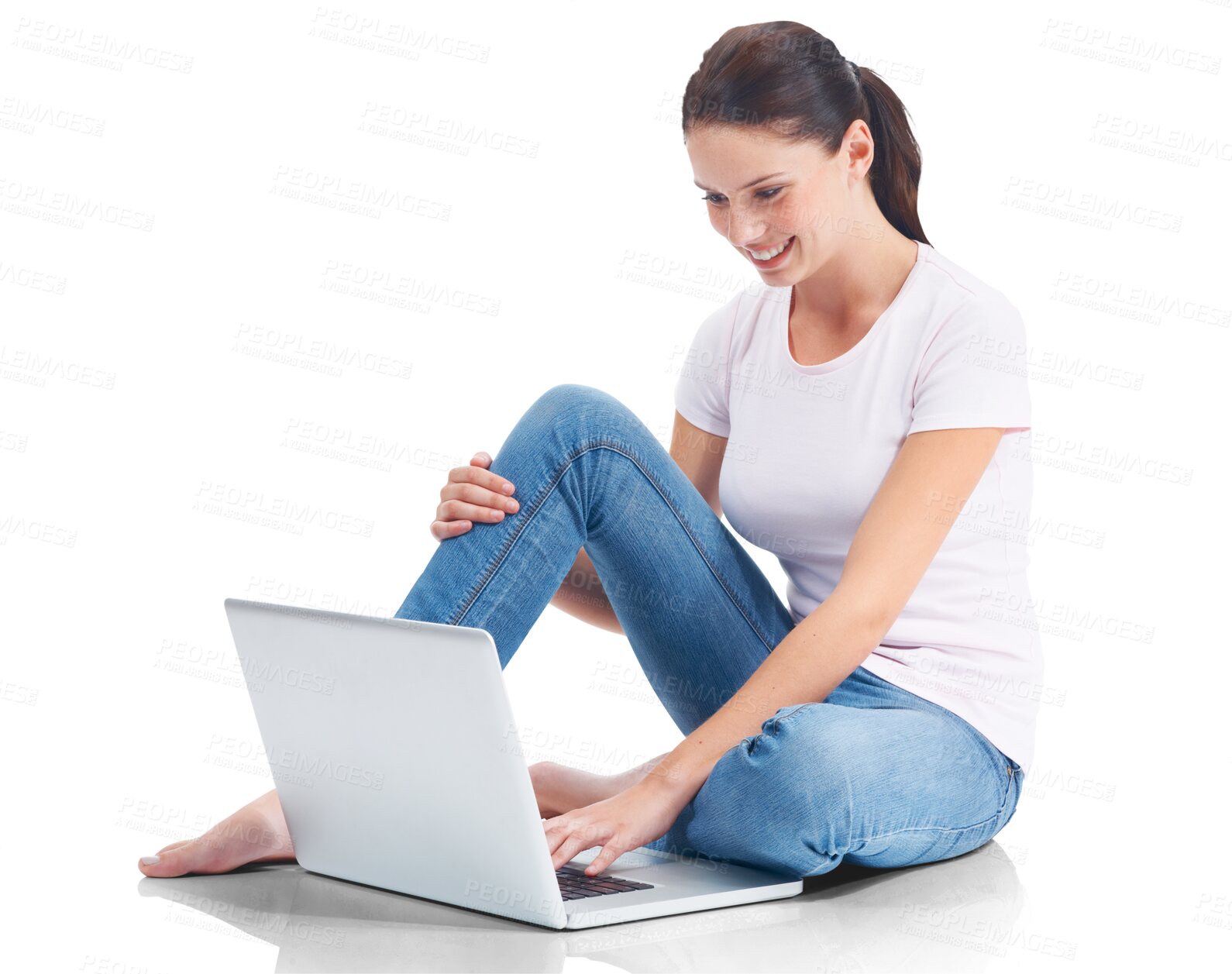 Buy stock photo Laptop, typing and woman reading on internet, website or web search for colege, university or project on transparent, isolated or png background. Student, girl and computer for research or learning