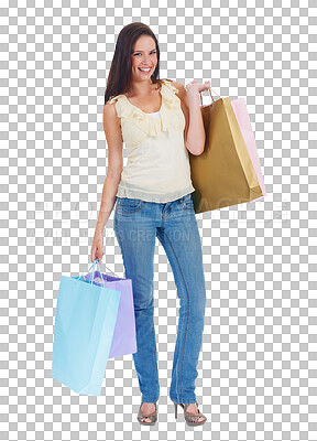 Buy stock photo Portrait, shopping bag and smile of woman with fashion isolated on a transparent png background. Happy, sales deal and customer with shop discount, gift or present from retail, mall and promotion.