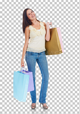 Buy stock photo Portrait, shopping bag and happy woman with gift isolated on a transparent png background. Smile, sales deal and customer with shop discount, fashion or present from retail, store or mall promotion.