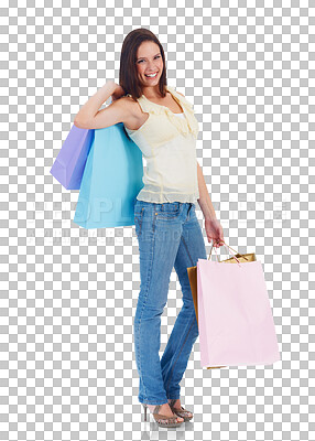 Buy stock photo Portrait, shopping bag and smile of woman with fashion isolated on a transparent png background. Happy, sales deal and customer with shop discount, gift or present from retail, store or promotion.