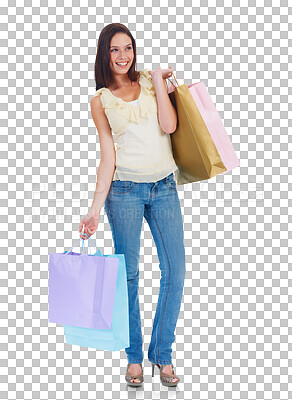 Buy stock photo Thinking, happy woman and shopping bag for fashion isolated on a transparent png background. Smile, sales deal and customer with shop discount, gift or present on promotion from retail, store or mall