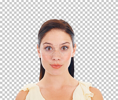 Buy stock photo Portrait, surprise and woman with beauty, wow and girl isolated against a transparent background. Face, female person and model shocked, omg and png with announcement, facial and good news with emoji