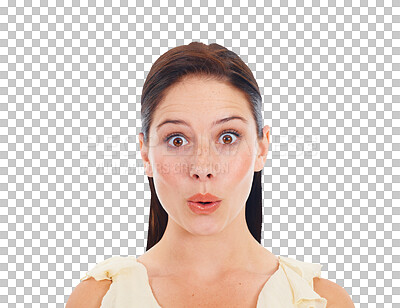 Buy stock photo Portrait, beauty and wow with a shocked woman isolated on a transparent background for fashion or style. Face, trendy and surprised with a cute young female person on PNG amazed at an announcement