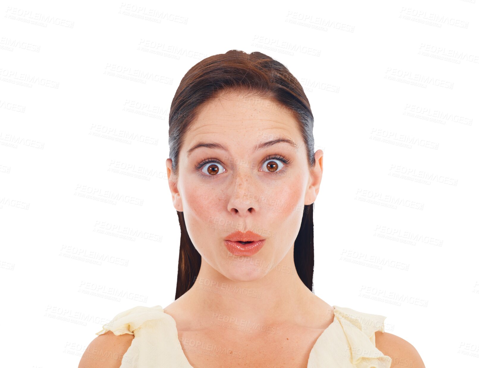 Buy stock photo Portrait, beauty and wow with a shocked woman isolated on a transparent background for fashion or style. Face, trendy and surprised with a cute young female person on PNG amazed at an announcement