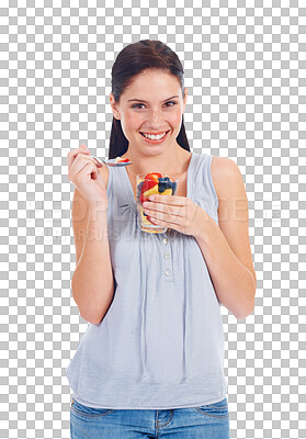 Buy stock photo Diet, nutrition and woman is eating fruit salad with healthy food isolated on transparent png background. Young female model, detox and breakfast with self care, vegan and health with wellness