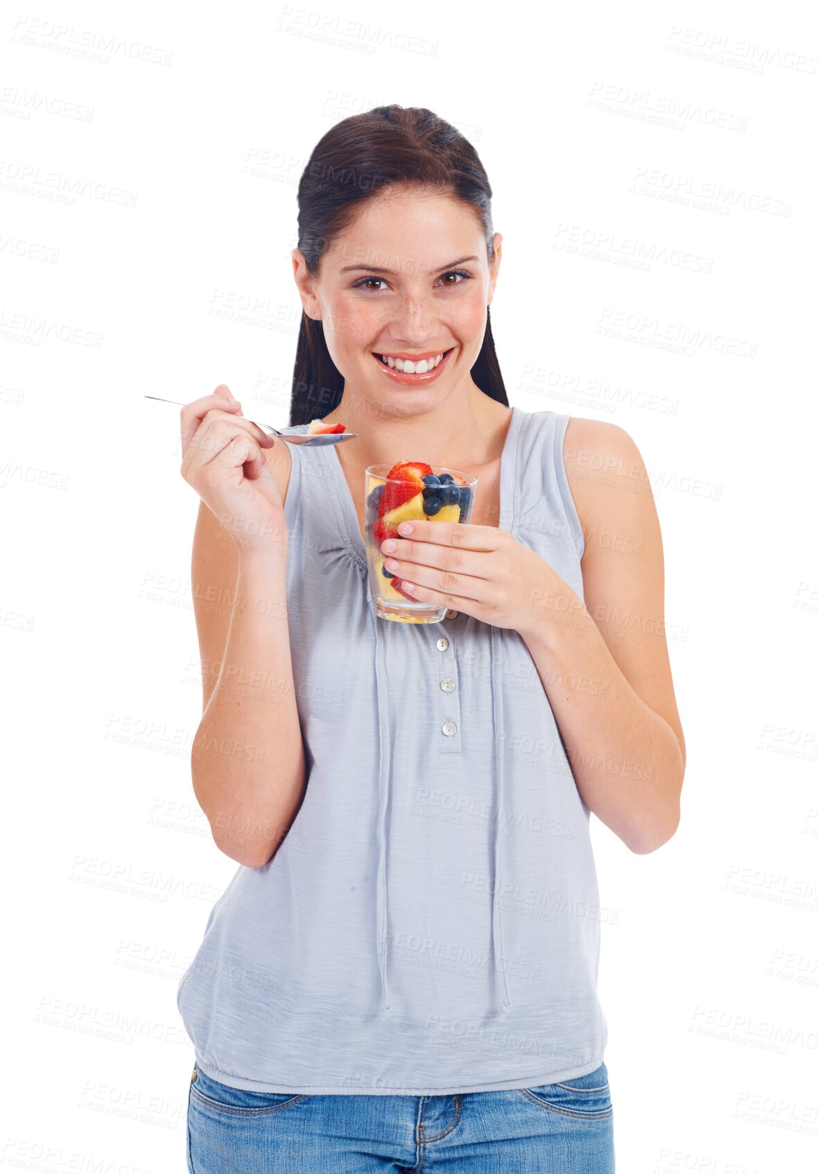 Buy stock photo Diet, nutrition and woman is eating fruit salad with healthy food isolated on transparent png background. Young female model, detox and breakfast with self care, vegan and health with wellness