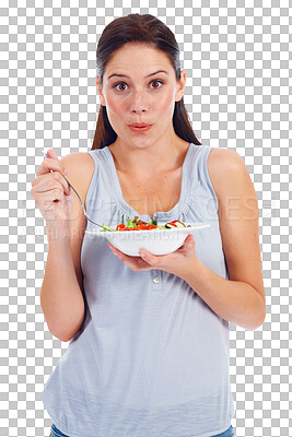 Buy stock photo Woman, surprise and salad, vegetables and healthy food with diet isolated on transparent png background. Wow reaction, expression on face with gut health and digestion, nutrition and vegan lifestyle