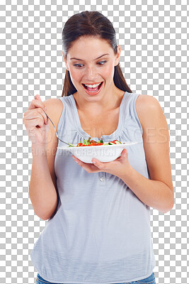 Buy stock photo Surprise, salad and woman with diet, wellness and girl isolated against a transparent background. Female person, model or vegan with healthy food, self care or wow with png, weight loss and nutrition