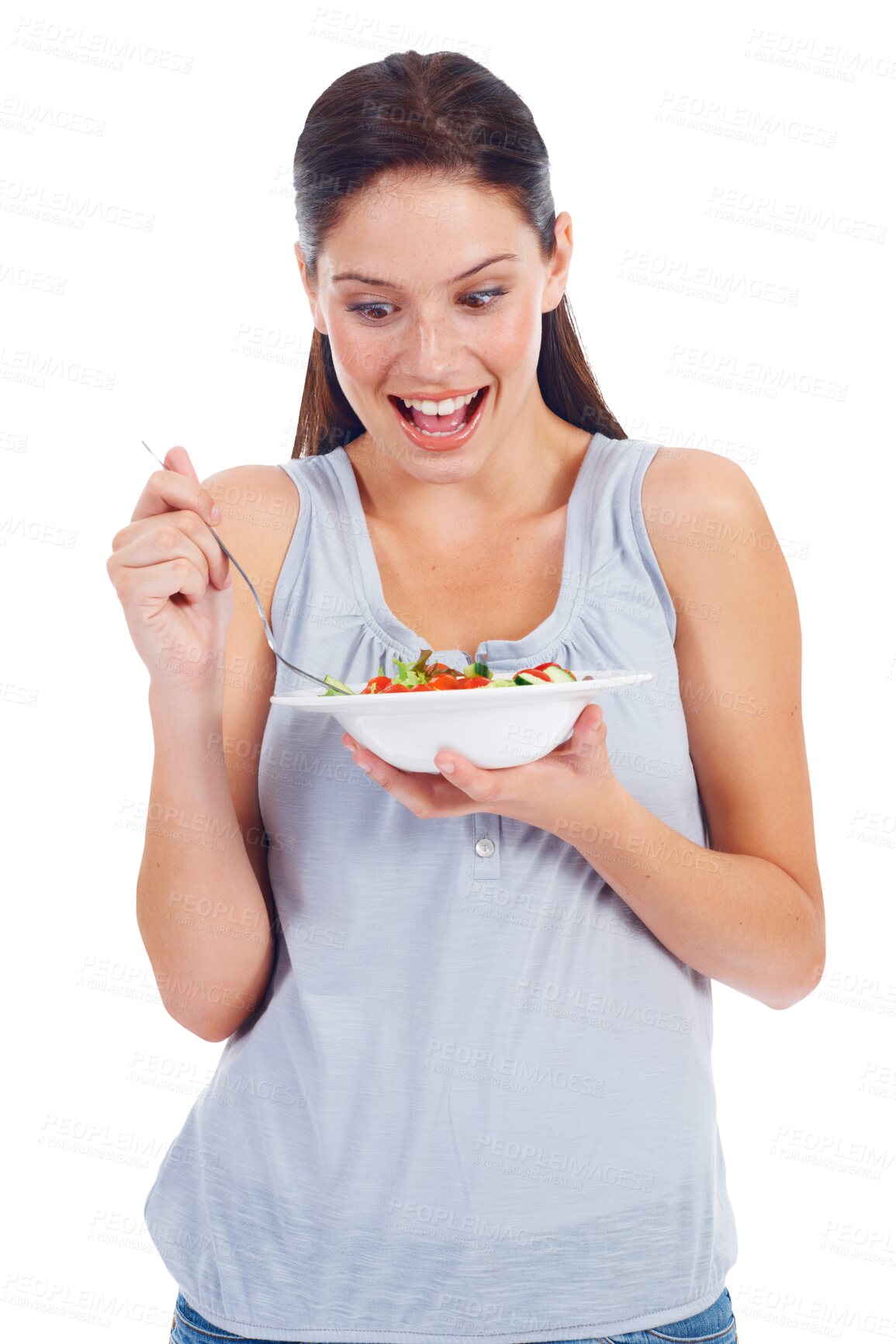 Buy stock photo Surprise, salad and woman with diet, wellness and girl isolated against a transparent background. Female person, model or vegan with healthy food, self care or wow with png, weight loss and nutrition