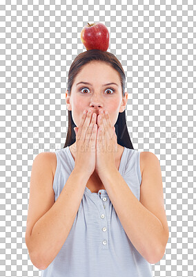 Buy stock photo Surprise, portrait of shocked woman with an apple on her head and isolated against a transparent png background. Healthcare or wow face, healthy and female person with fruit for health wellness