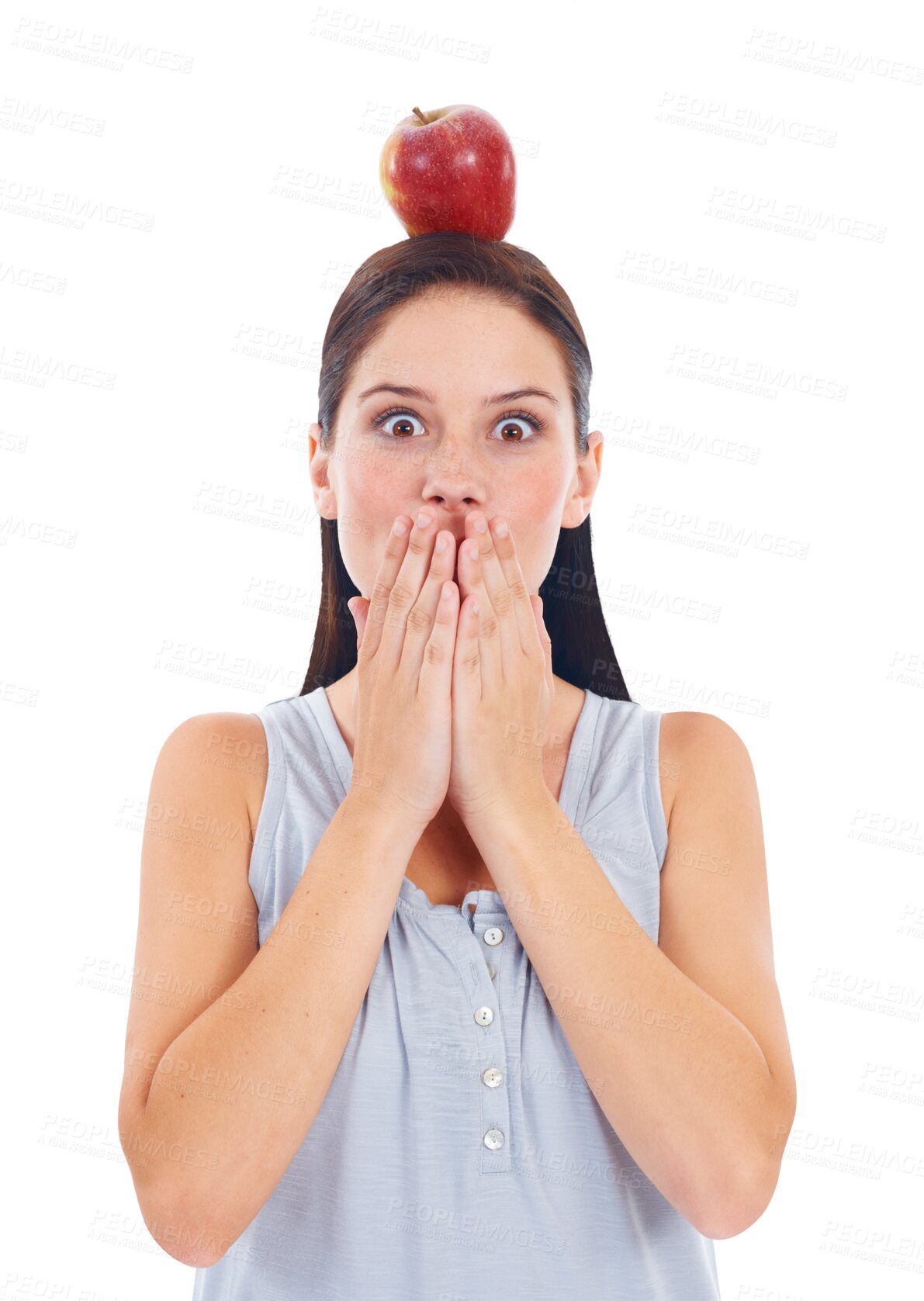 Buy stock photo Surprise, portrait of shocked woman with an apple on her head and isolated against a transparent png background. Healthcare or wow face, healthy and female person with fruit for health wellness