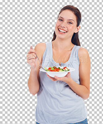 Buy stock photo Isolated woman, salad and smile in portrait for health, wellness and diet by transparent png background. Girl, nutrition and eating for lunch, brunch or breakfast with self care for lose weight goals