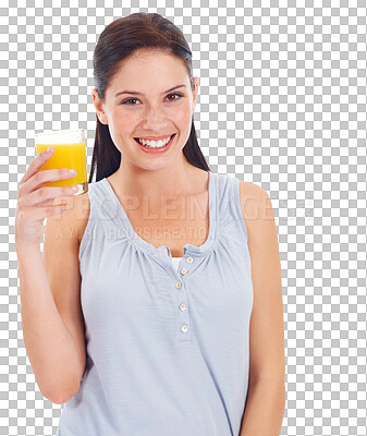 Buy stock photo Juice, glass and woman in portrait, health and wellness with fruit drink isolated on png transparent background. Young female person with healthy beverage, diet and detox with hydration and vitamin c